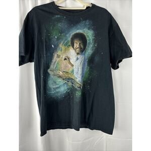 Bob‎ Ross Mens Shirt Black Size Large Short Sleeve Crewneck Graphic Painter Read
